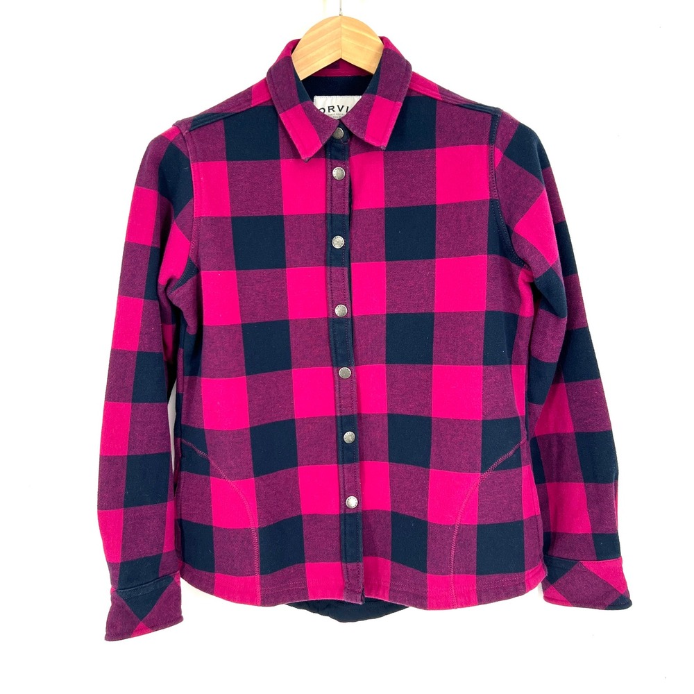 Orvis Women Pink Navy Buffalo Plaid Fleece Lined Snap Front Shirt Jacket Small